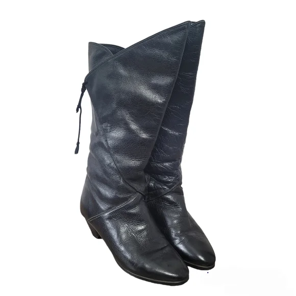 Vintage 80's black genuine leather mid calf boots Size 7 - Picture 2 of 16